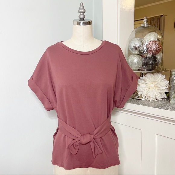 Express Tie Waist Roll Sleeve Short Sleeve Shirt Pink Small - Picture 2 of 9